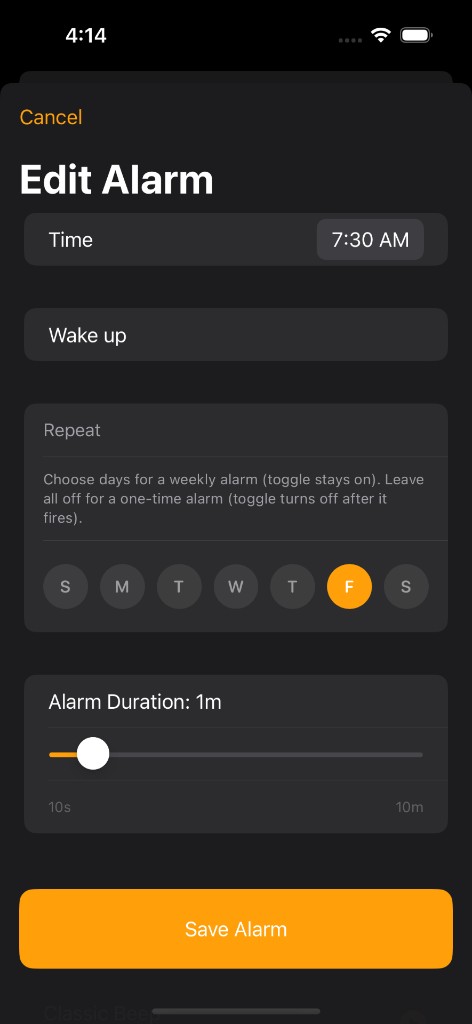 Clocks Plus edit alarm duration and repeat settings