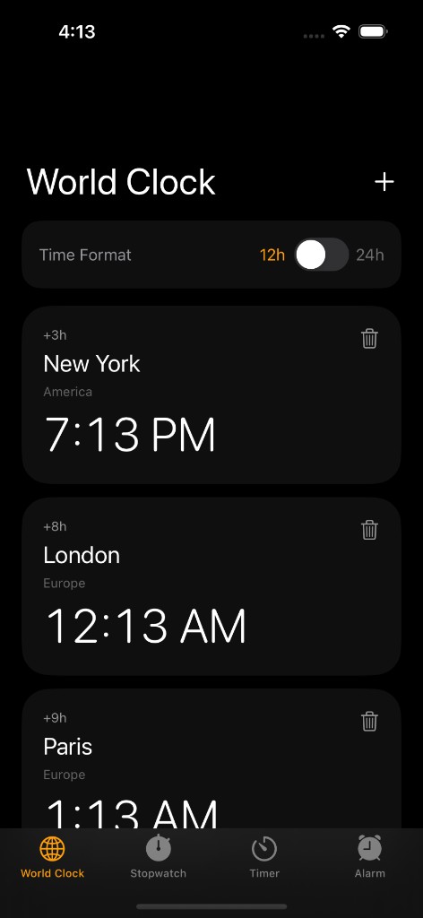 Clocks Plus world clock with multiple cities