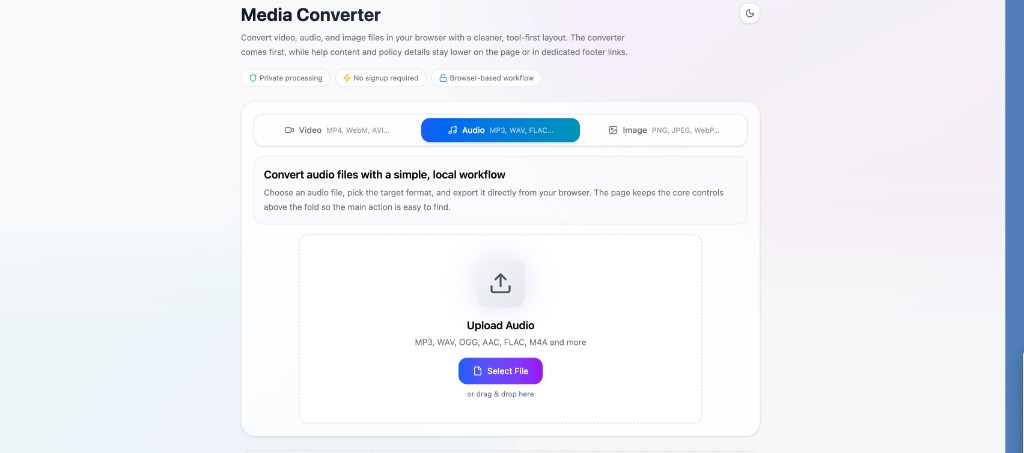 Simple Media Converter audio tab light mode