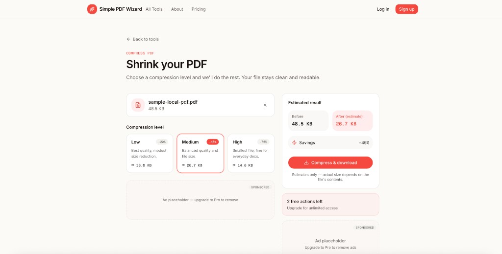 Simple PDF Wizard compress tool on desktop