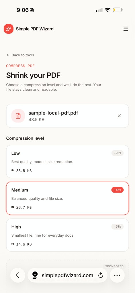 Simple PDF Wizard compress PDF on mobile