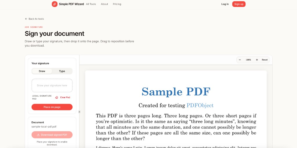 Simple PDF Wizard sign tool on desktop